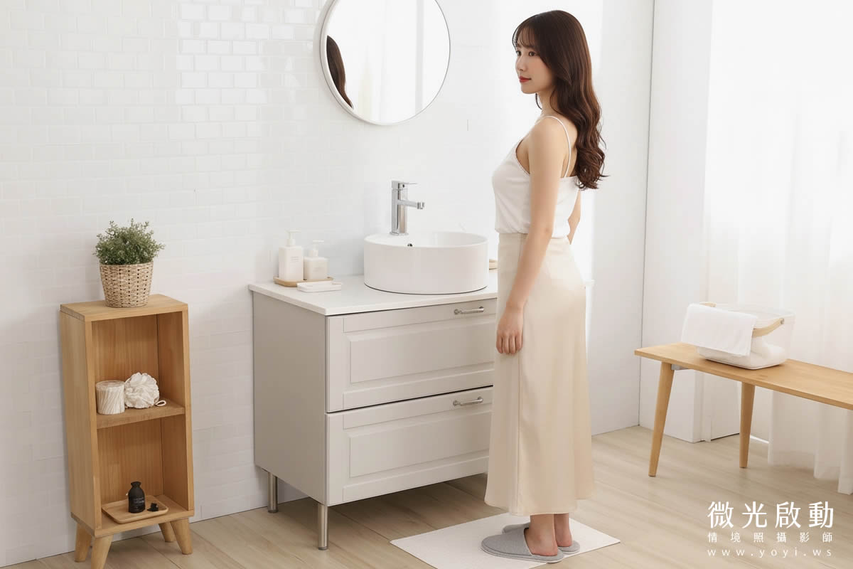 衛浴場景近拍：模特兒側身在圓鏡前，展示浴櫃、圓形洗手台與收納邊櫃，化妝品保養品攝影背景